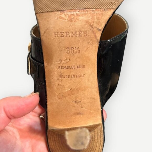 Hermès Black Patent Leather Sandals 36.5 Gold Hardware Buckle Heel Textured Stud - Picture 3 of 10